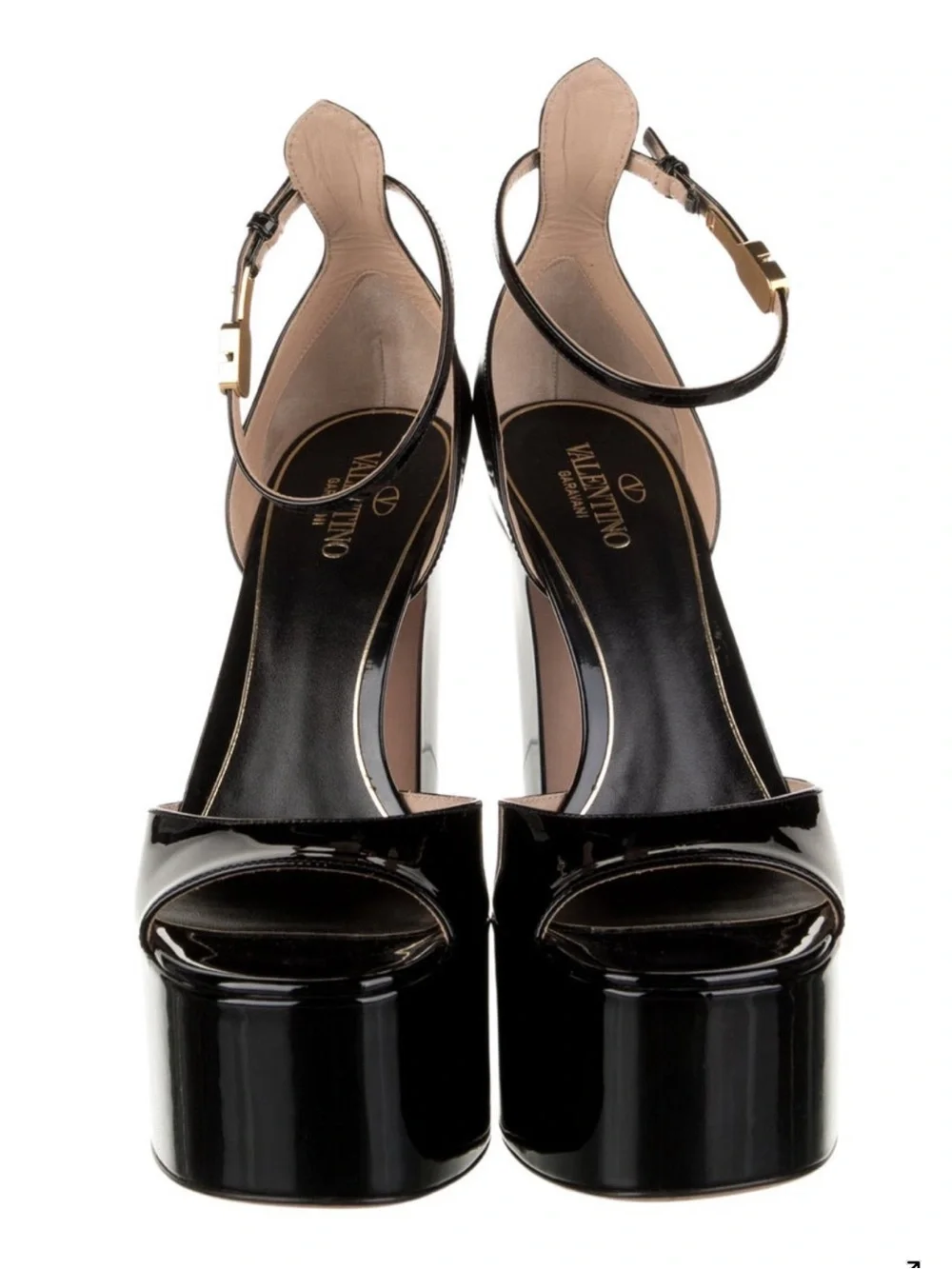 Valentino Black Patent Platform Sandals with Gold V-Ankle Strap
